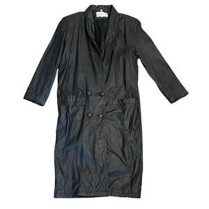 Vintage 90s PELLE CLUB Double Breast Genuine Leather Trench Coat Black Size M